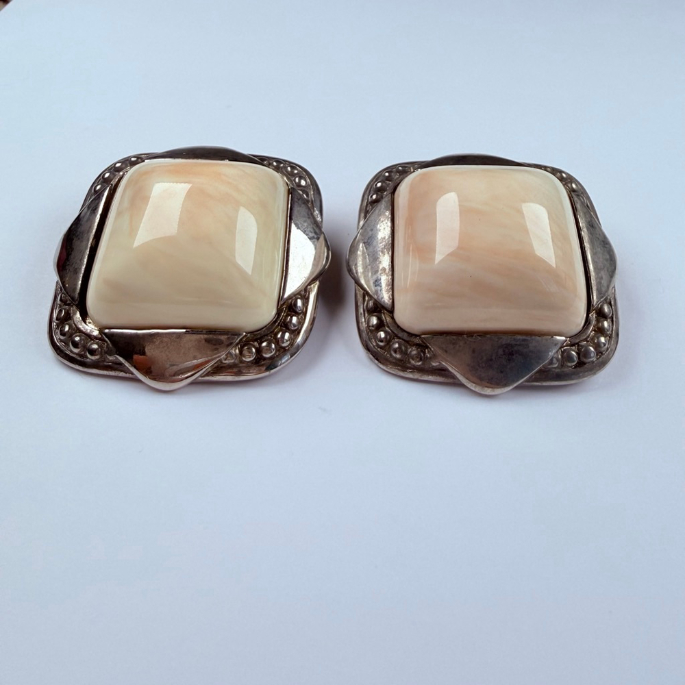 Givenchy BIG Silver Marble Cabochon Haute Couture Runway Earrings Vintage 1980's - Picture 4 of 8